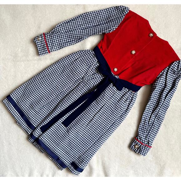 Vintage 90s Piano Kids Fashion Dress Girls 6 Gingham Check Corduroy Embroidered - Picture 2 of 4
